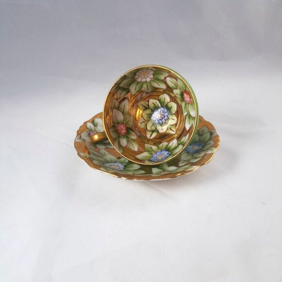 Trimont Gold Floral Tea Cup Saucer Hand Painted Green Collectible Vintage - Picture 2 of 16